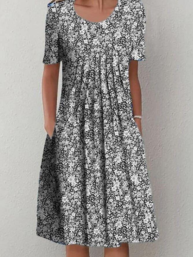 Vestido midi feminino primavera e verão com gola redonda estampado floral e bolso