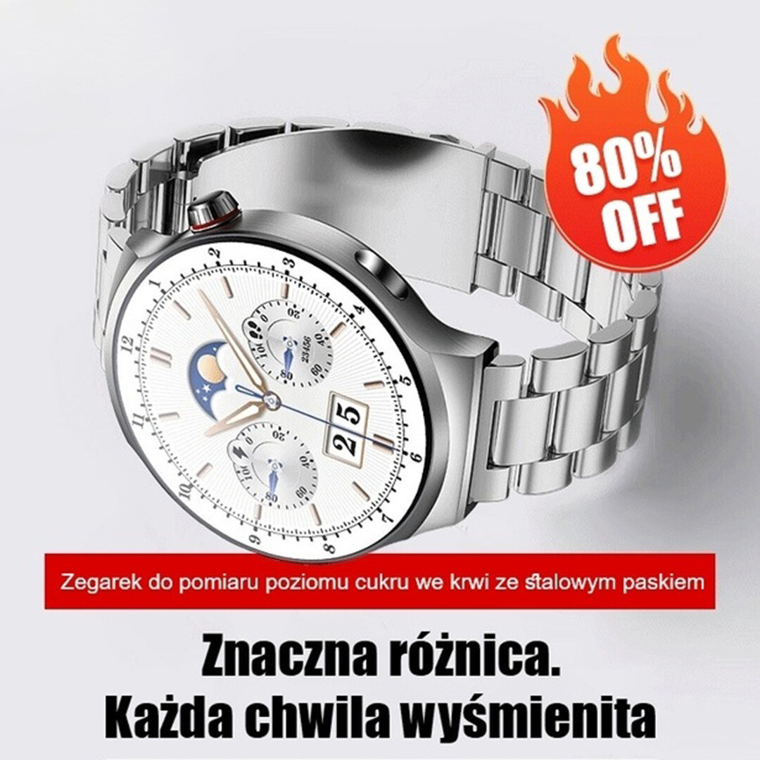 Um relógio para medir os níveis de açúcar no sangue com pulseira de aço