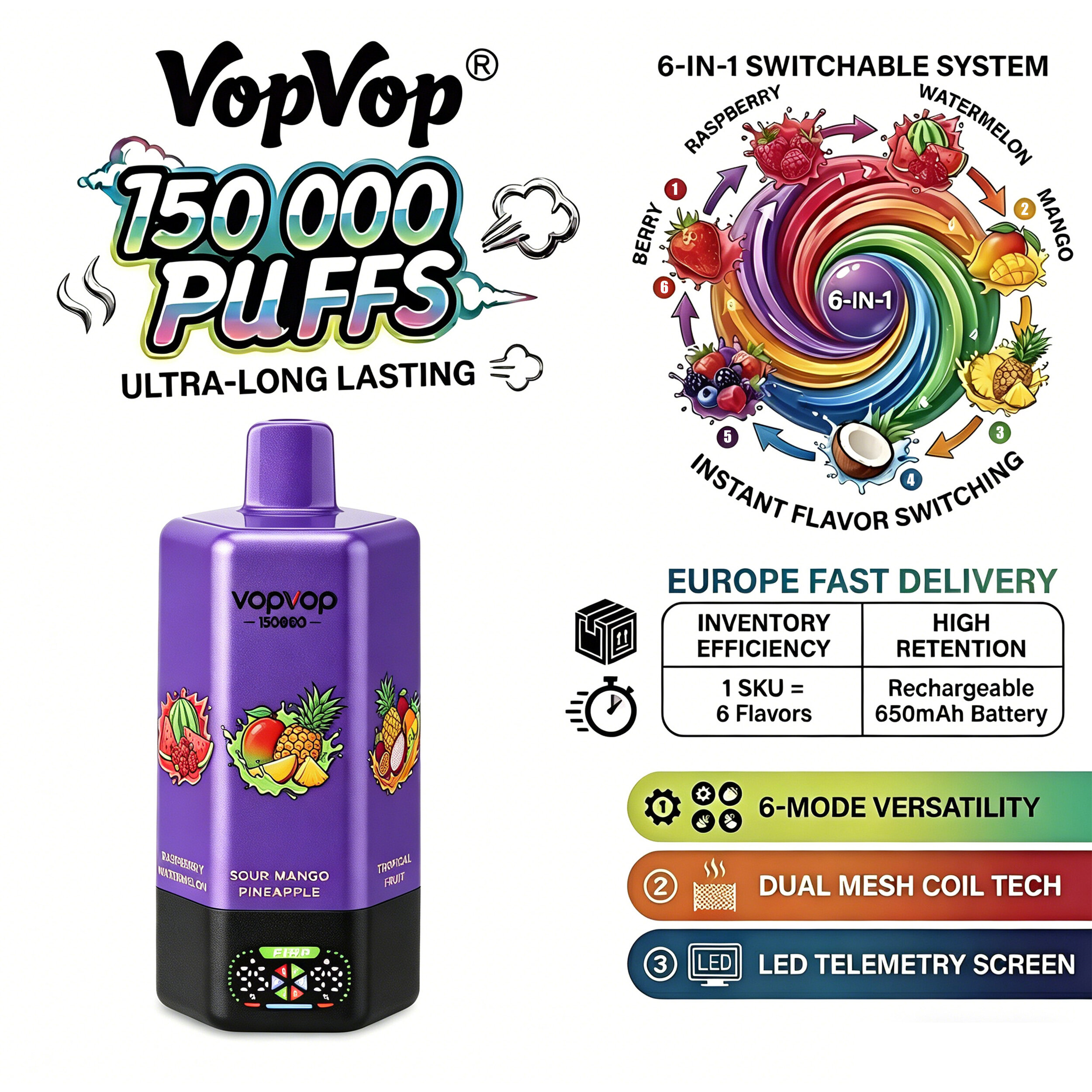 VOPVOP 150K Big Puffs 6 Flavors in 1 Adjust Vape