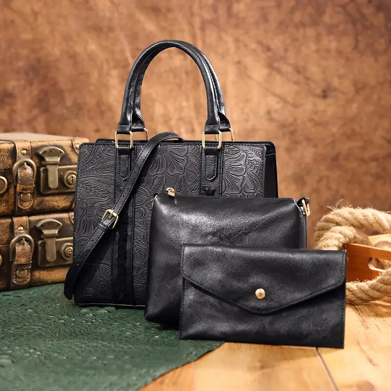 Vintage Floral Carved Tote Bag Set, 3-Piece  Leather Handbag