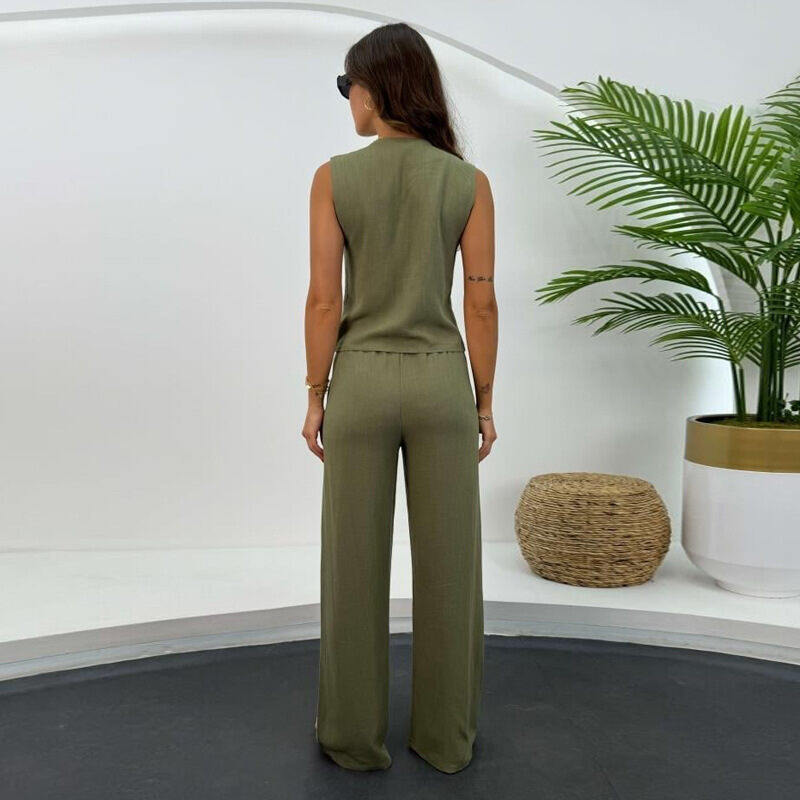 2024 fato de verão feminino sem mangas cardigan rendas colete calças soltas conjunto de duas peças feminino