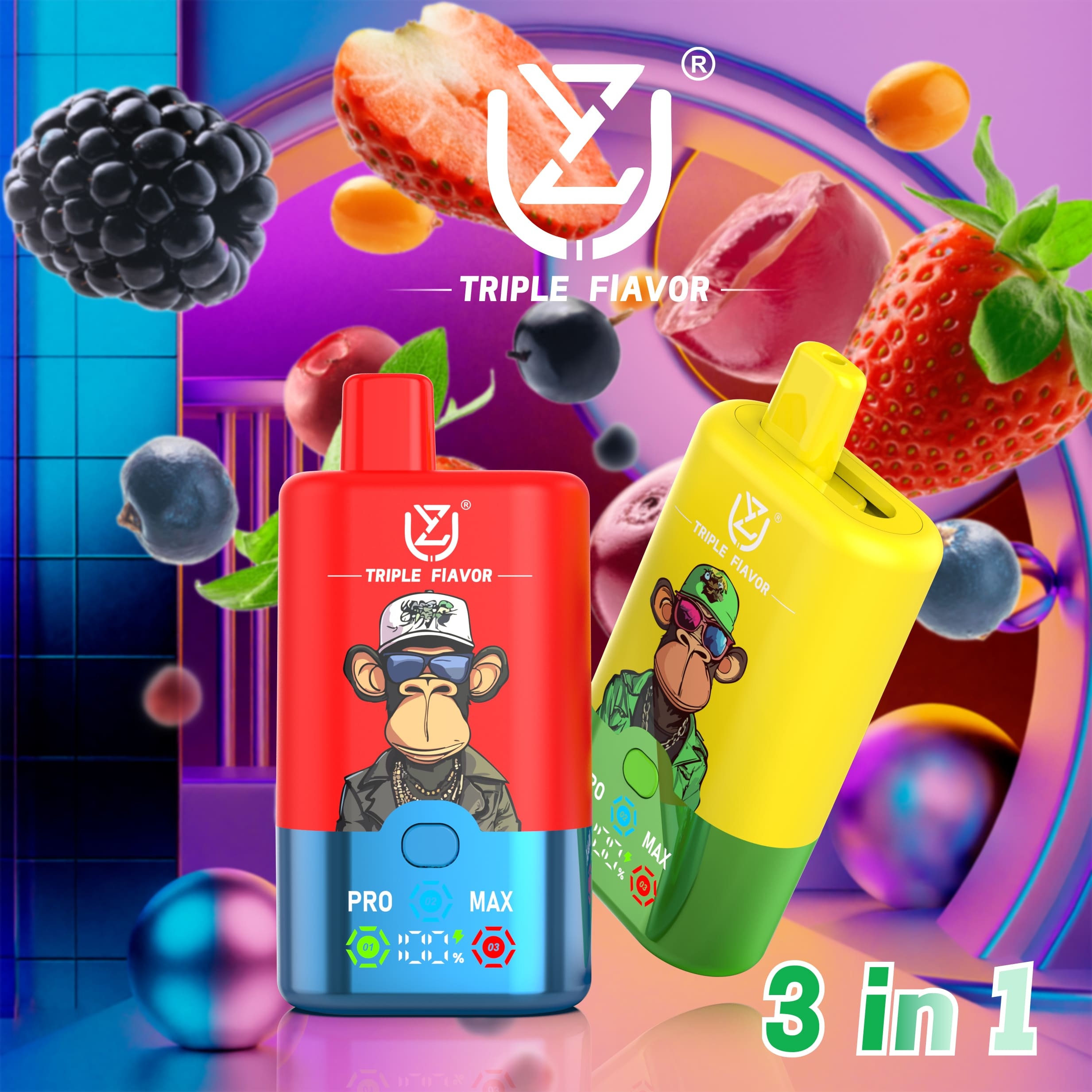 UZY Triple Flavor 60000 Puffs Vape 3 in 1 Disposable E Cigarette with Smart LED Display