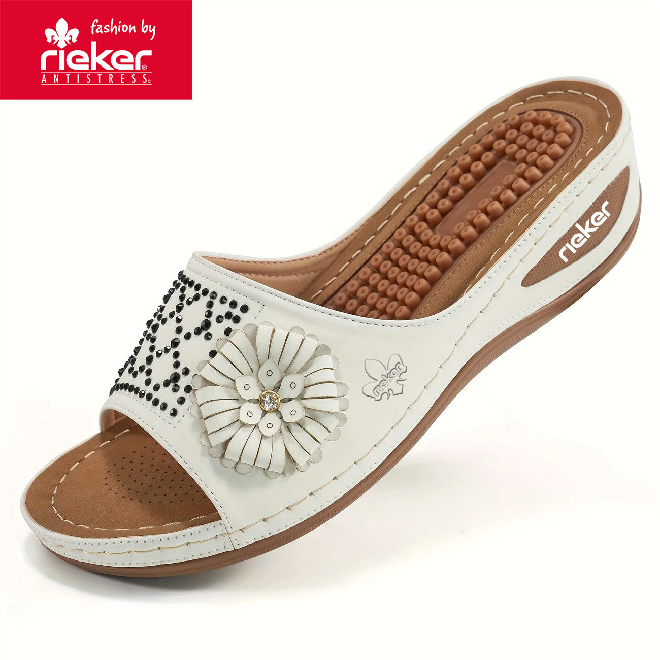 Rieker, letnie nowe damskie sandały ortopedyczne na koturnie z kwiatowym wzorem z 2025 r.
