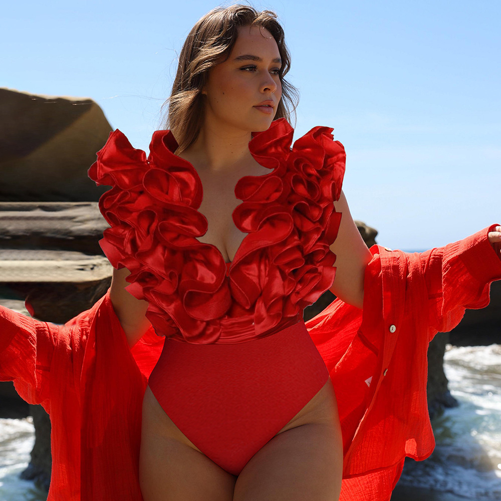 ✨ Red Flower Frilled V Neck One Piece Swimsuit and Skirt