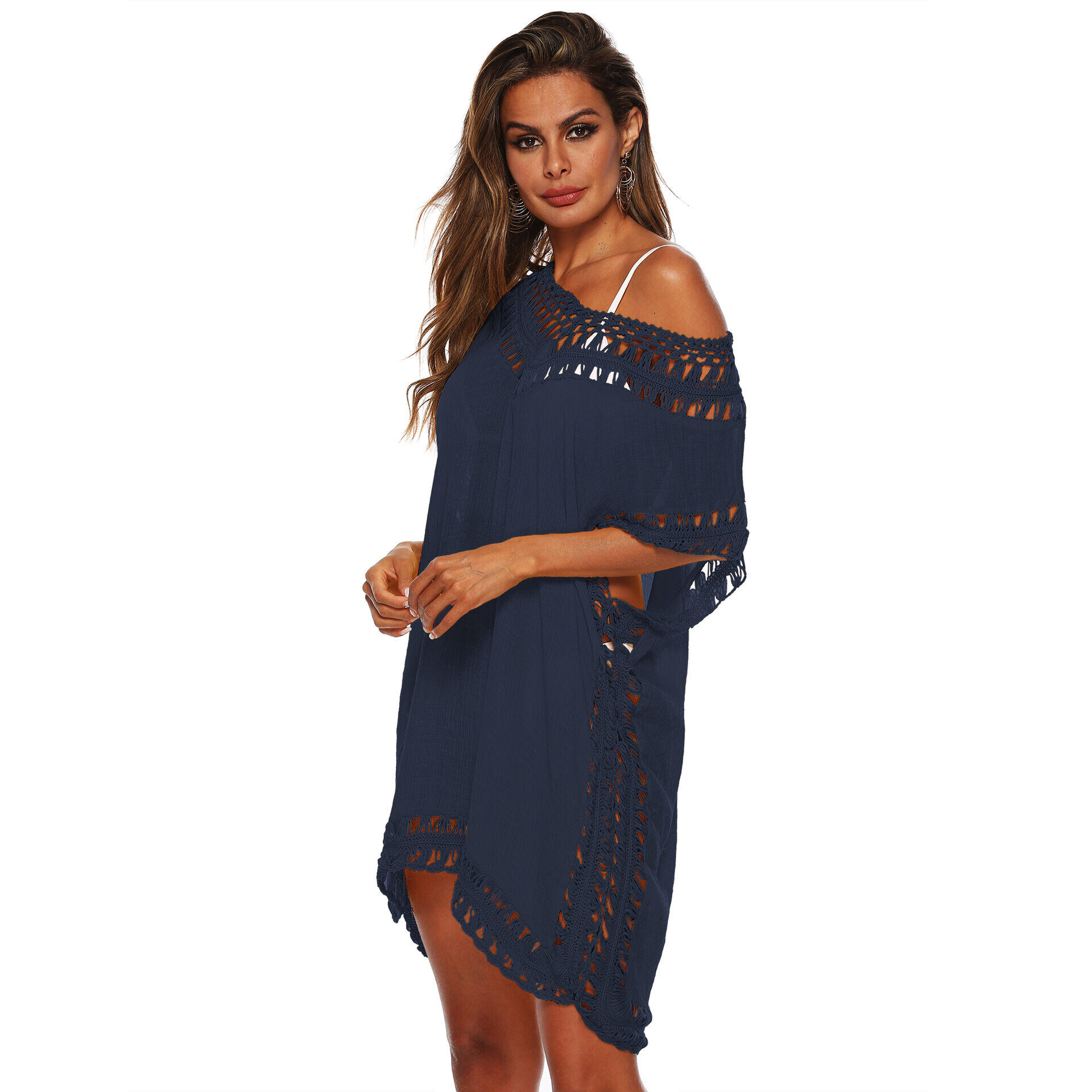 Sexy decote em V patchwork decote em V solto oco vestido de praia