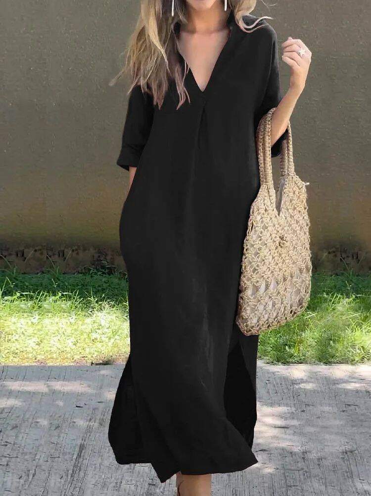 Vestido largo em algodão e linho, elegante e casual, multicolor com decote em V e bolso para mulher