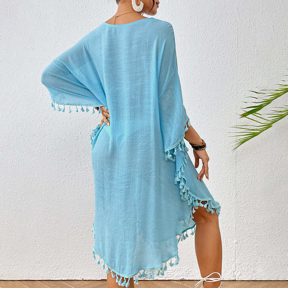 Vestido Resort Sunset com Franjas e Gola Redonda