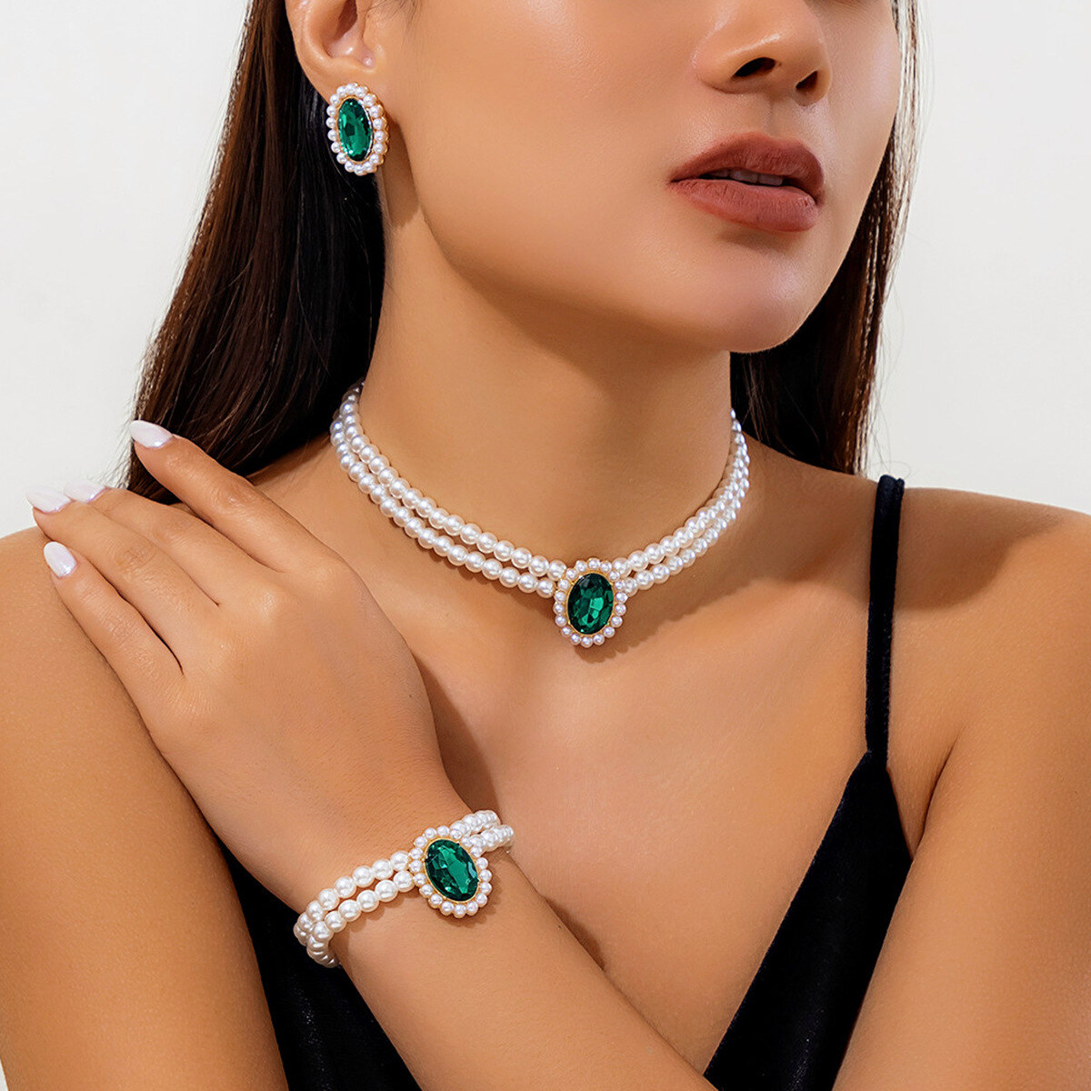 Colar de pérolas elegante francês em várias camadas, conjunto de colar de pedra de joias elegante e luxuoso