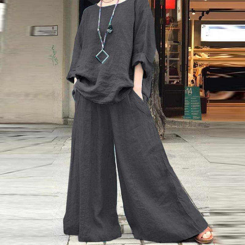 Conjunto feminino de duas peças moda casual algodão linho conjunto de linho de algodão de cor sólida