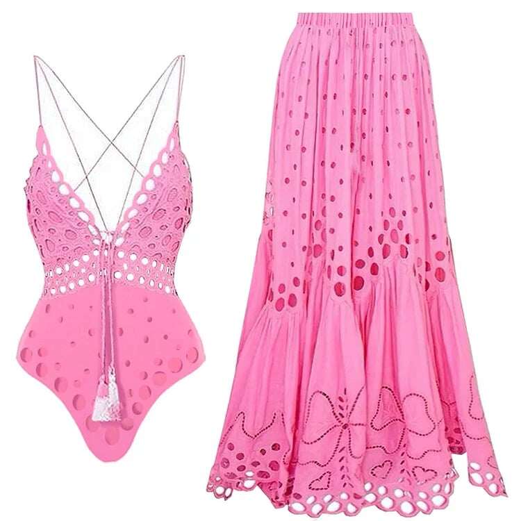 ✨Pink swimsuit set with laser-cut hemstitch and skirt