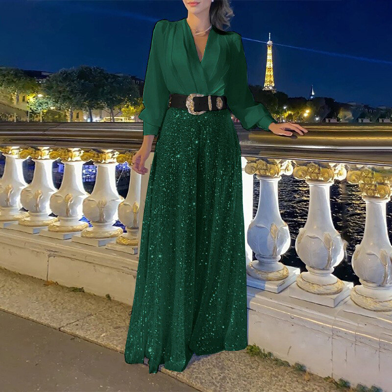 2024 vestidos femininos primavera outono premium decote em v manga comprida elegante cintura lantejoulas vestido francês