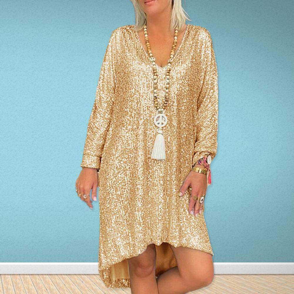 Solto Pulôver Camisa de Lantejoulas Vestido Longo