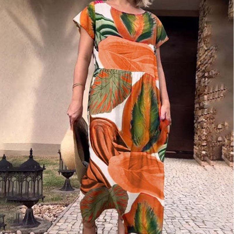 Leaf Print Round Neck Side Split Dress