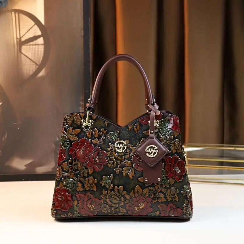 Floral Handbag for Wo, Autumn Winter New Arrival, Hand-Painted Tote with Zipper Closure