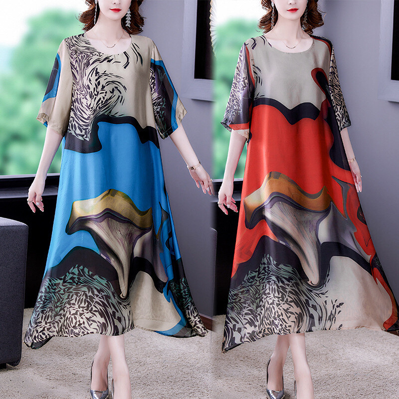 2023 outono, verão e inverno novo vestido de manga de cinco pontos seção longa feminina sobre o joelho grande saia rodada saia estampada solta