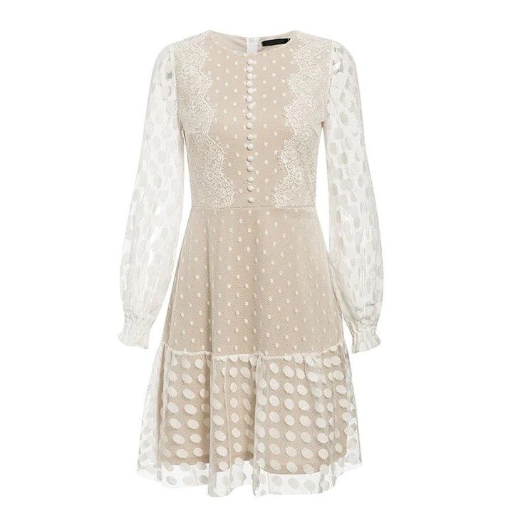 Vestido branco de renda com costura de bolinhas, elegante, gola redonda, manga comprida, comprimento médio