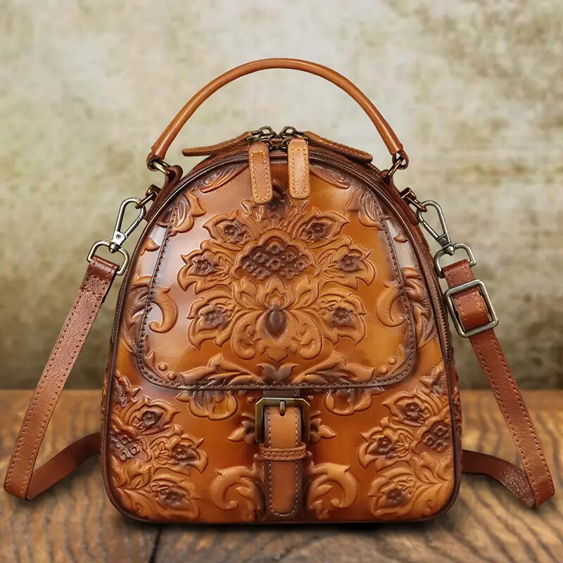 Women'S Vintage Embossed Leather Crossbody Bag - Adjustable 2-Strap Shoulder Satchel with Zipper Closure, Floral Pattern, Brown Genuine Leather Backpack for Casual & Formal Occasions, Casual Accessory, Elegant Accessory, Durable Construction