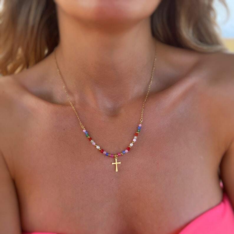 Gold Filled Beaded Cross Necklace