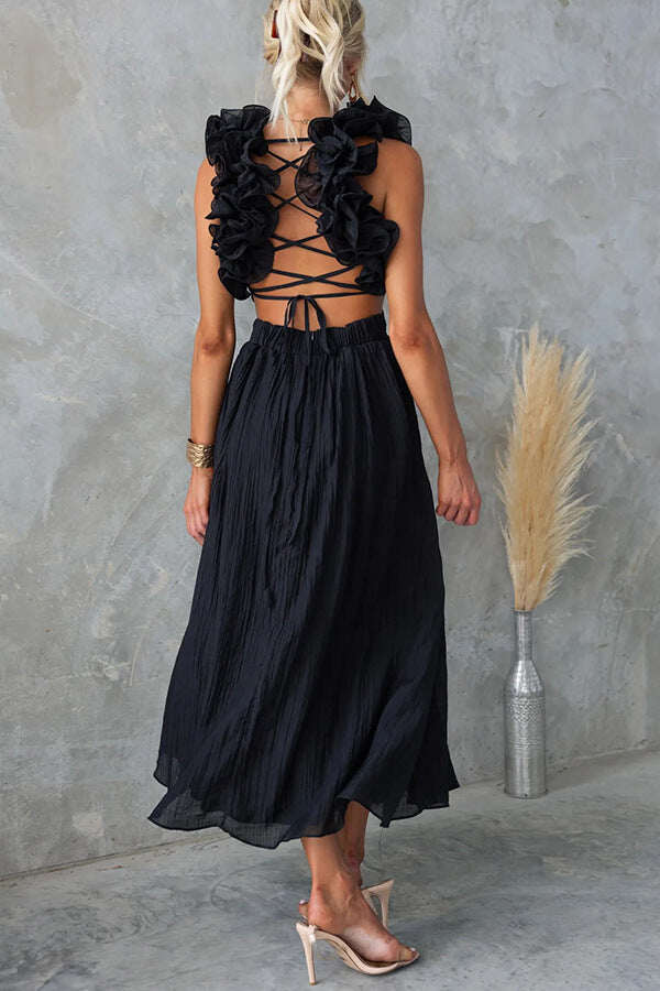 Vestido sexy sem costas em algodão e linho com alças ajustáveis