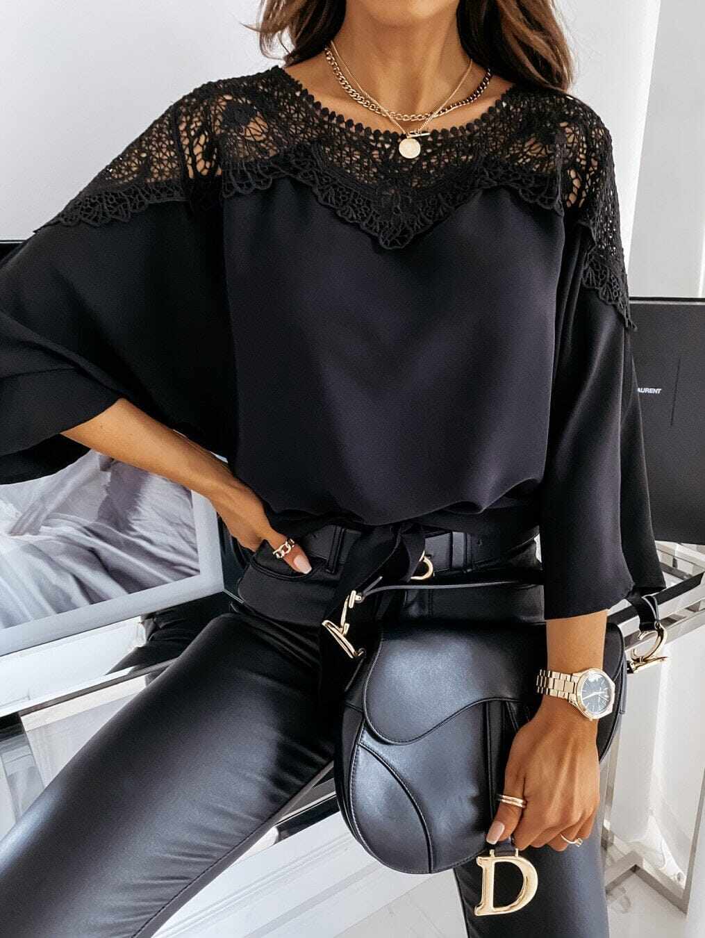 Blusa feminina outono 3/4 manga sexy renda costurada elegante vintage