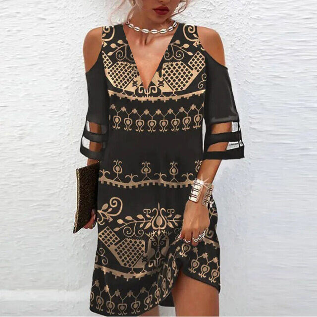 Vestido de verão novo estilo com decote em V floral malha emenda meia manga