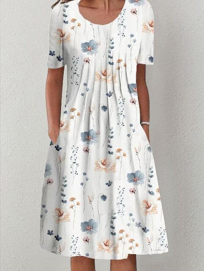 Vestido midi feminino primavera e verão com gola redonda estampado floral e bolso