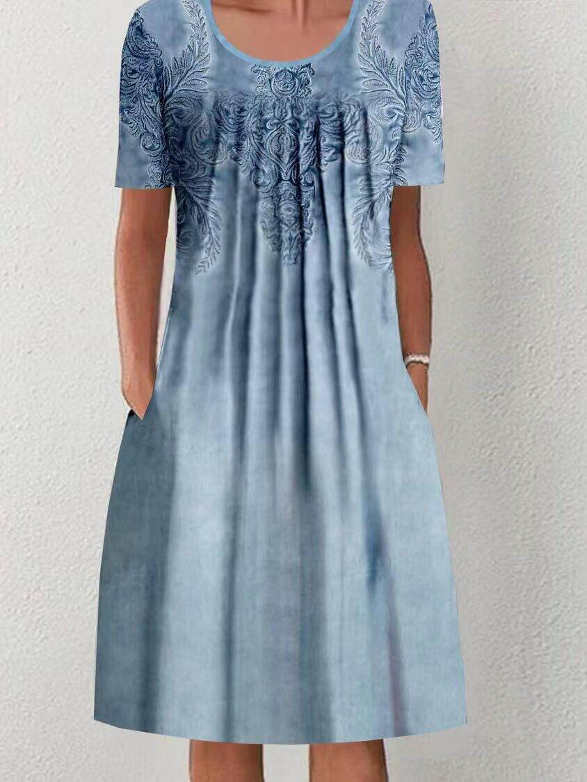 Vestido midi feminino primavera e verão com gola redonda estampado floral e bolso