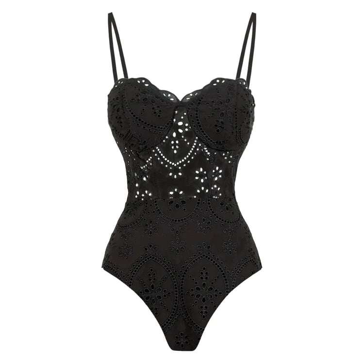 👙Black one-piece swimsuit set with laser cut and hemstitch