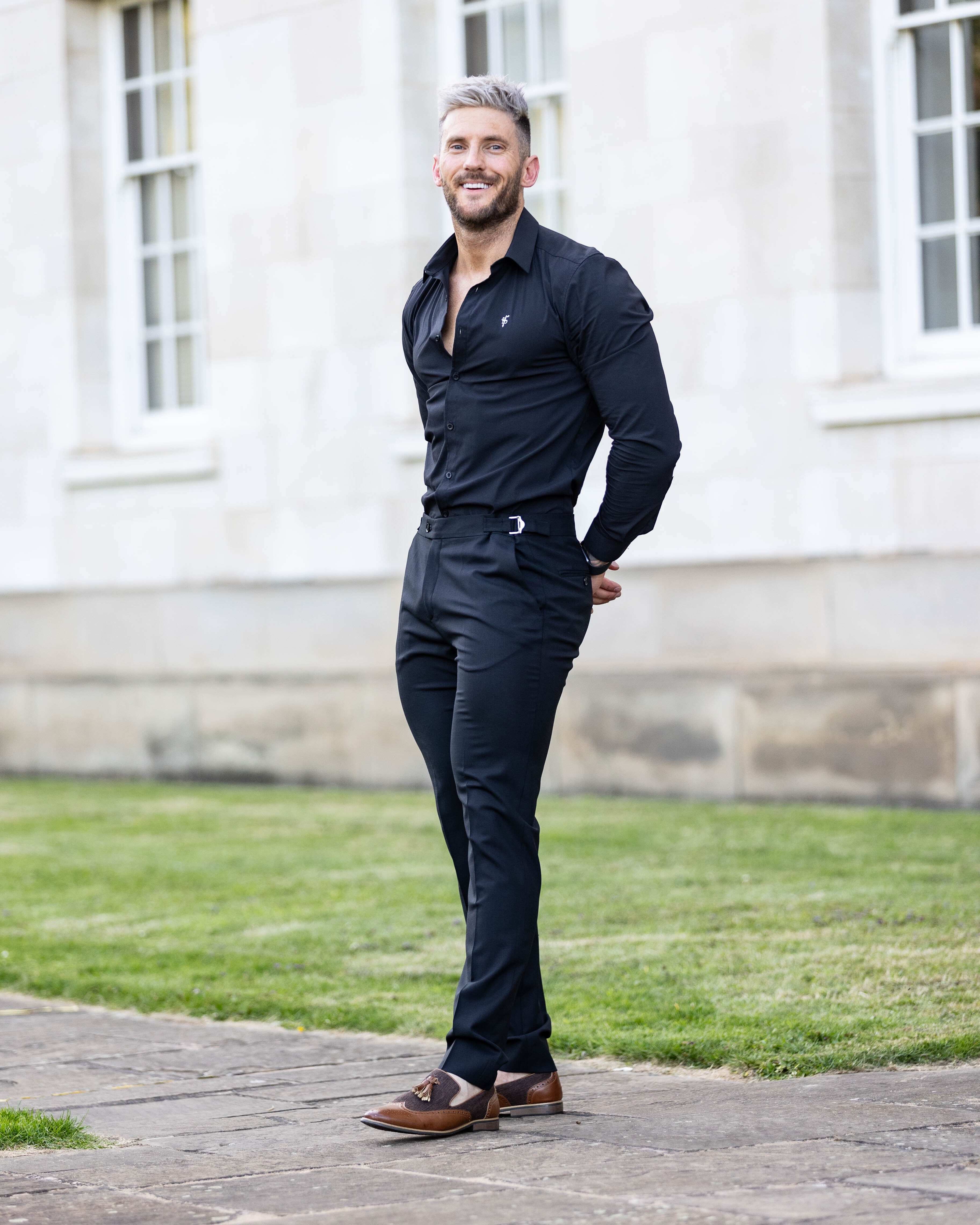 Father Sons Slim Formal Black Stretch Trousers With Silver Waist Adjusters - FST013