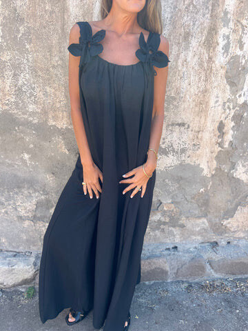 💕Vestido feminino em cor sólida com estampa floral e decote em U