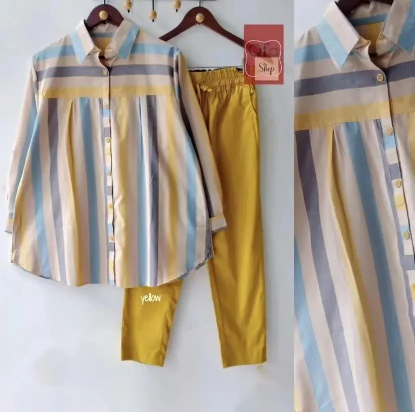 【S-4XL】Conjunto de 2 peças com listras coloridas de baixa saturação