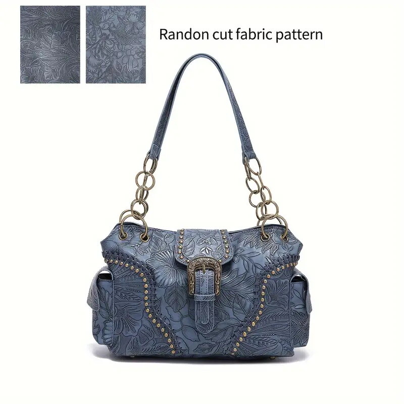 Vintage Flower Embossed Handbag, Punk Style Tote Bag, Y2K Chain Shoulder Bag For Women