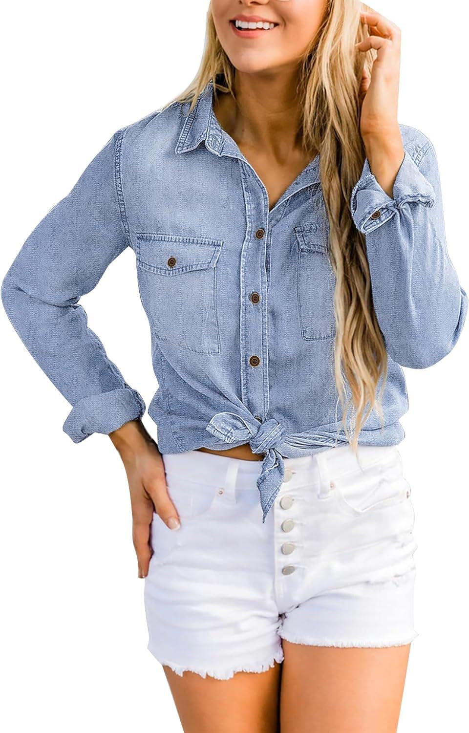 luvamia farmer ing Női Chambray Jean Western Shirts Hosszú ujjú gombos felsők
