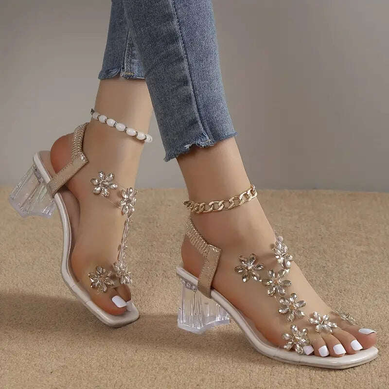 🔥Promoção de último dia com 50% de desconto - sandálias femininas de salto bloco com cristais de flores