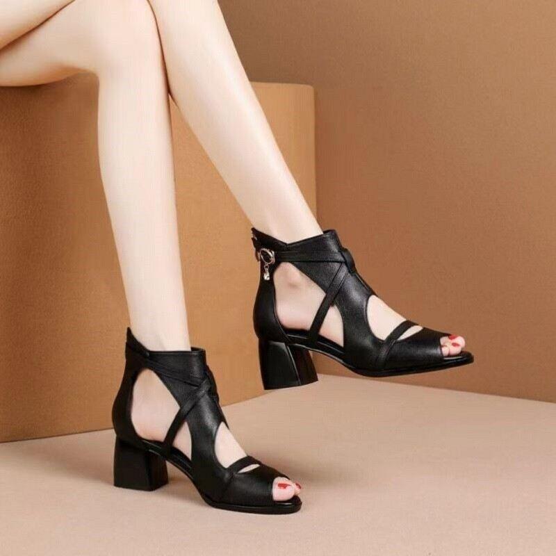 Genuíno couro macio verão novo estilo romano sandálias femininas baixo salto médio couro senhoras sapatos de salto grosso oco boca peixe sapatos altos