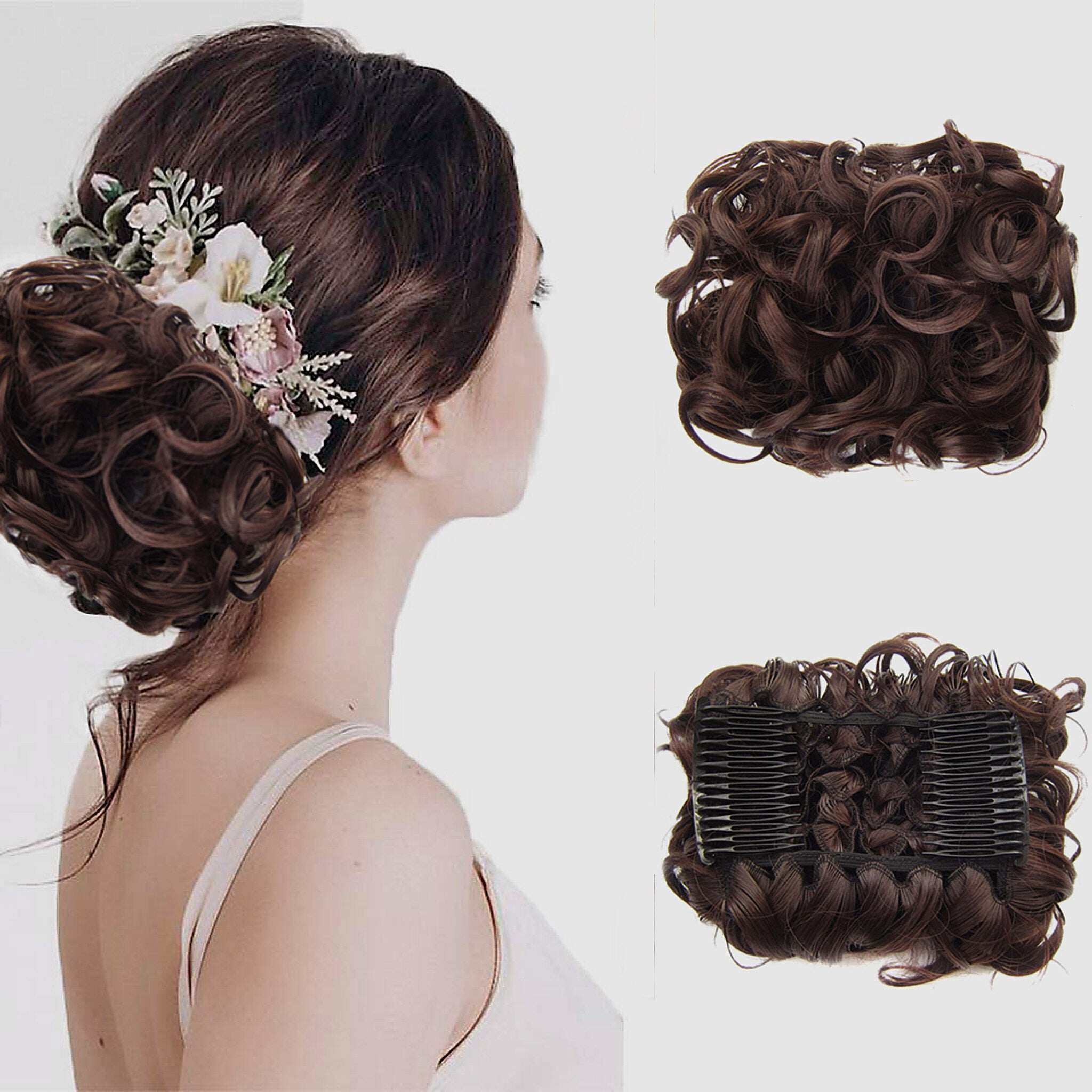 Extensão de coque de cabelo curto e encaracolado