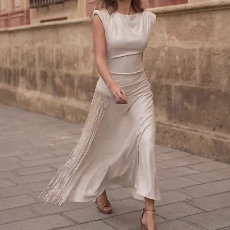 Moda feminina em torno do pescoço sem mangas cor sólida borla casual vestido evasê