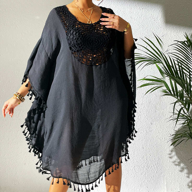 Vestido Resort Sunset com Franjas e Gola Redonda