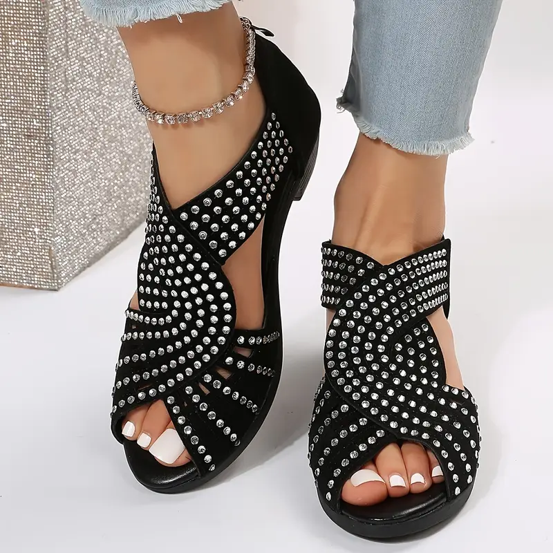 【36-43】🔥2025 Hot Sale💎 Sandálias femininas de couro cristal primavera e verão com salto sólido cruzado