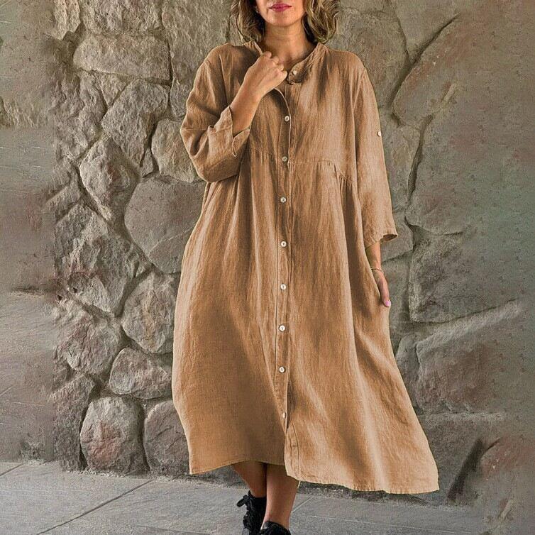 Novo vestido longo casual em algodão e linho de cor sólida com gola mandarim e botões