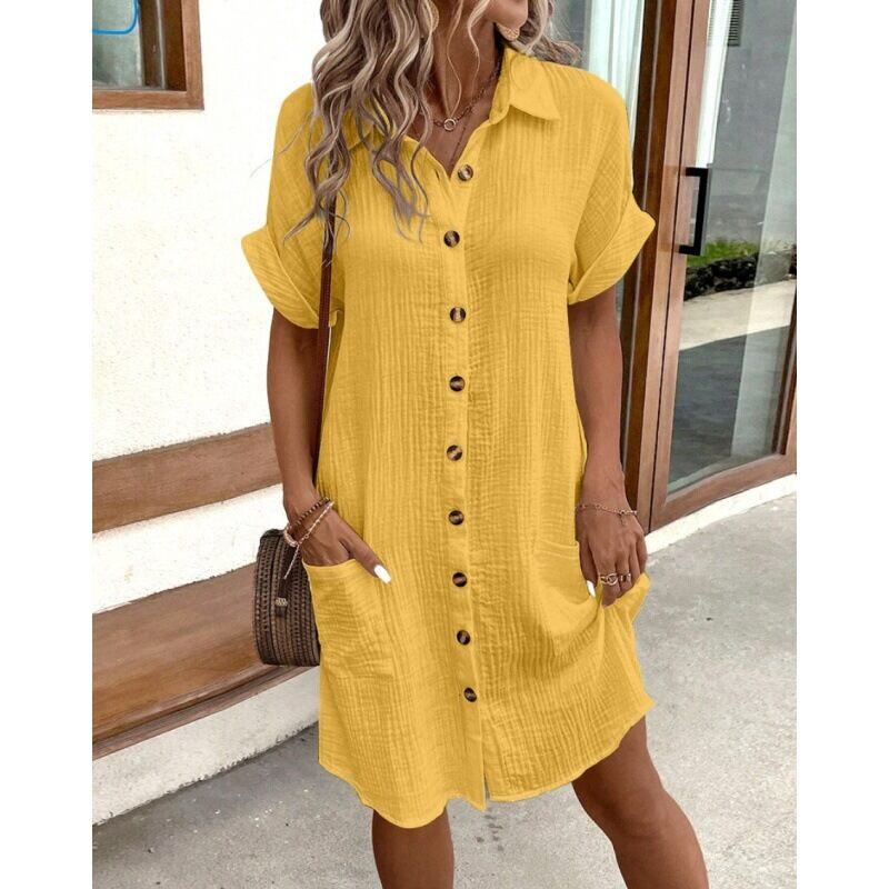 [S-3XL]Vestido camisa simples de verão 2024 com decote em V