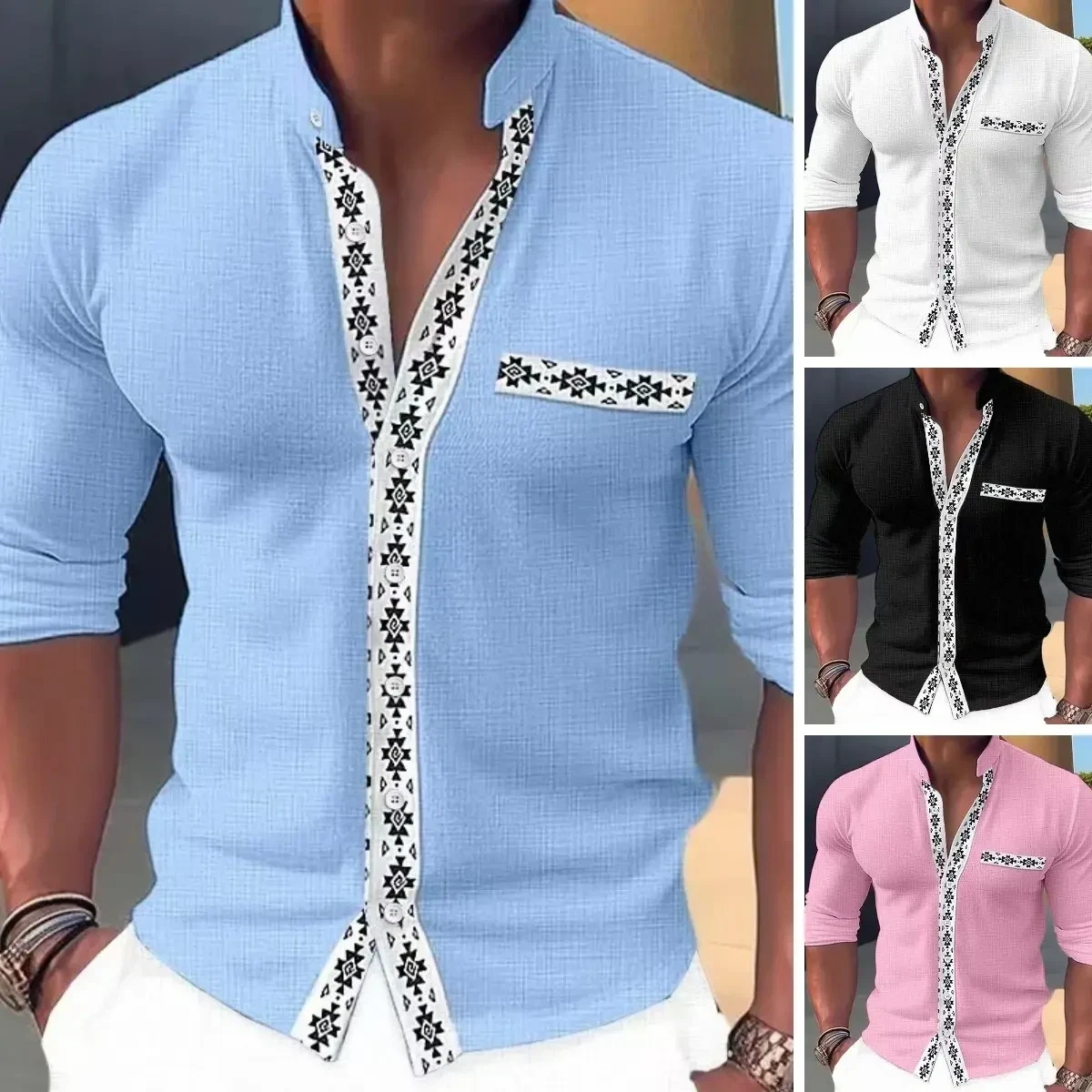 [S-3XL]🔥2024 Camisas de gola estampada moda primavera verão para homens
