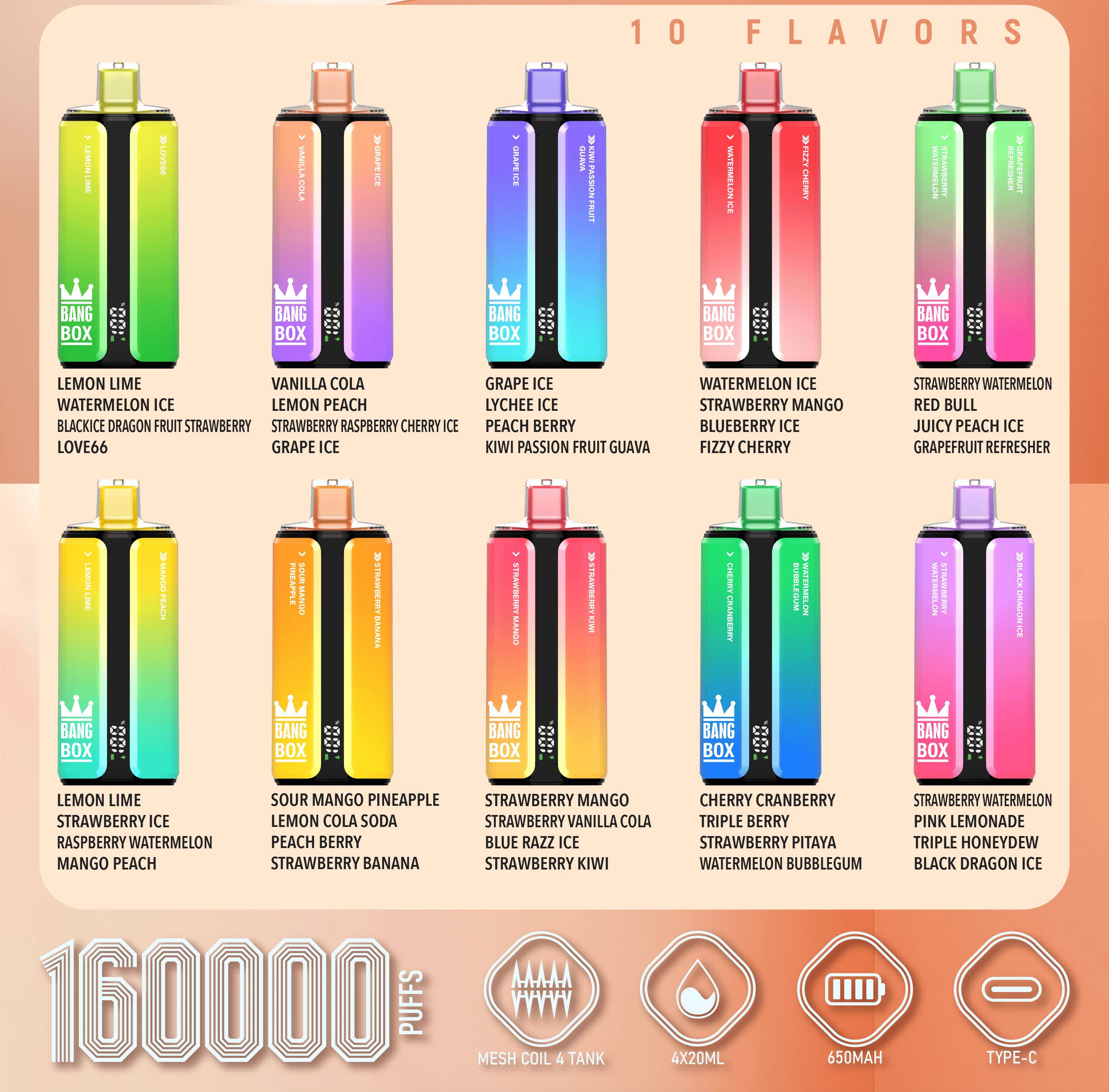 BANG BOX 160000 160K Puffs 4 em 1 Sabores Vaporizador Descartável Recarregável com Display LED