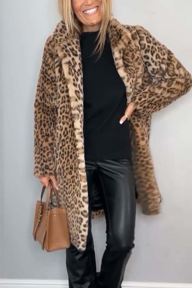Casaco de inverno feminino elegante feito de pele sintética com estampa de leopardo e lapelas