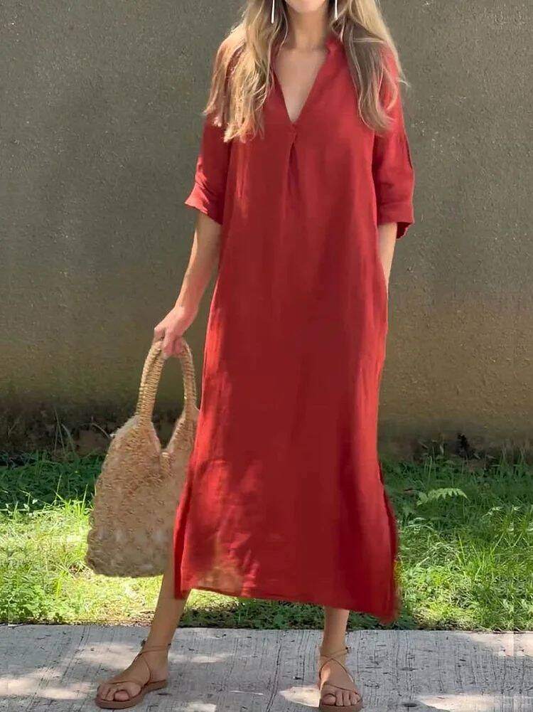 Vestido largo em algodão e linho, elegante e casual, multicolor com decote em V e bolso para mulher