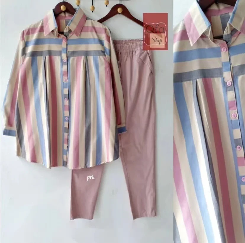 【S-4XL】Conjunto de 2 peças com listras coloridas de baixa saturação