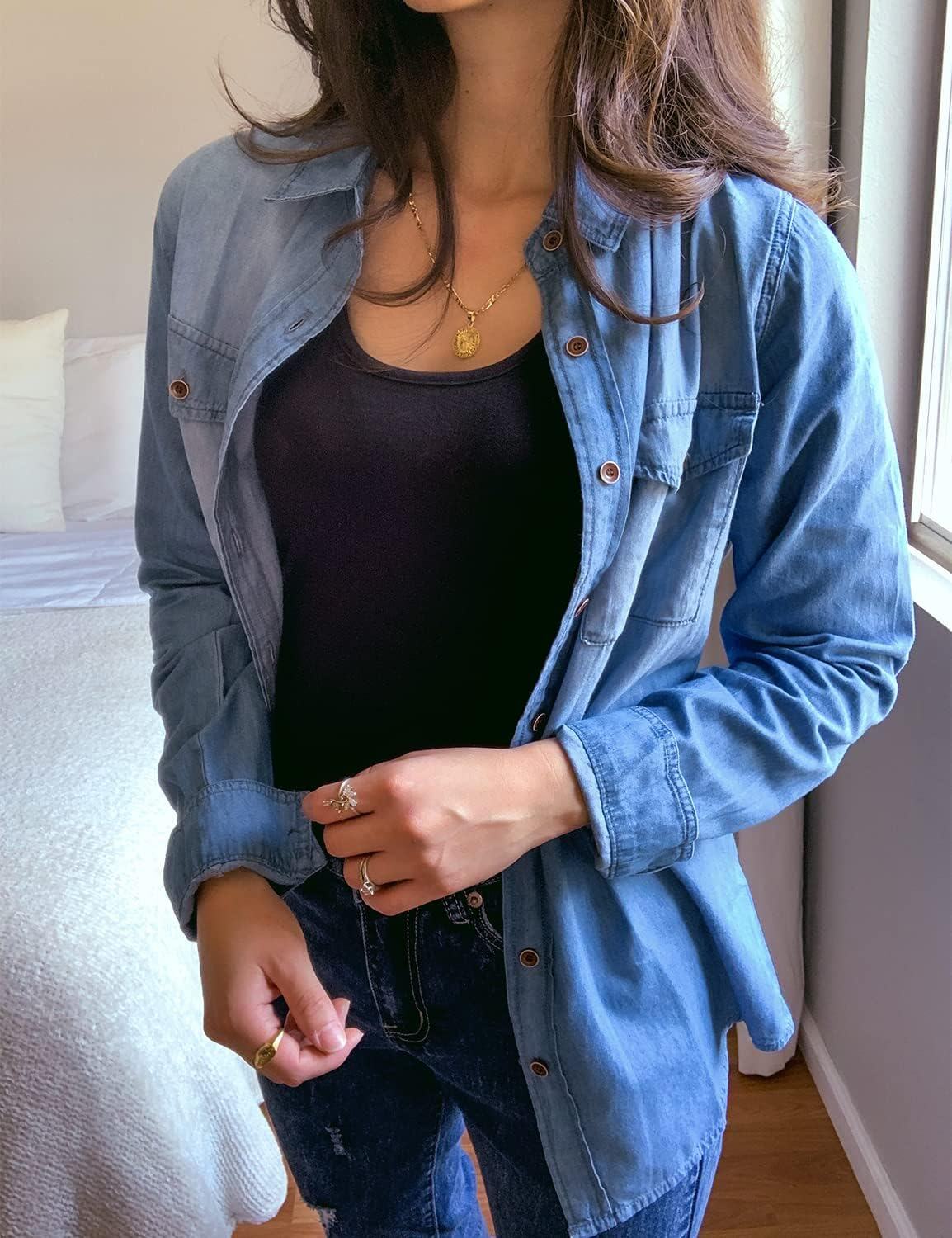 luvamia farmer ing Női Chambray Jean Western Shirts Hosszú ujjú gombos felsők
