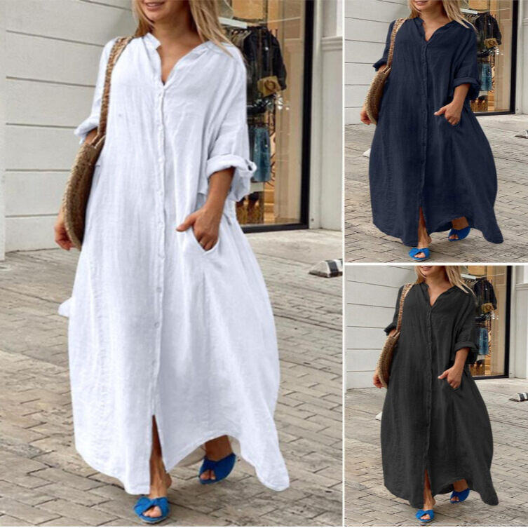 Vestido Casual Camisa Gola com Bolso Saia Longa Plus Size Vestido Casual de Linho de Algodão
