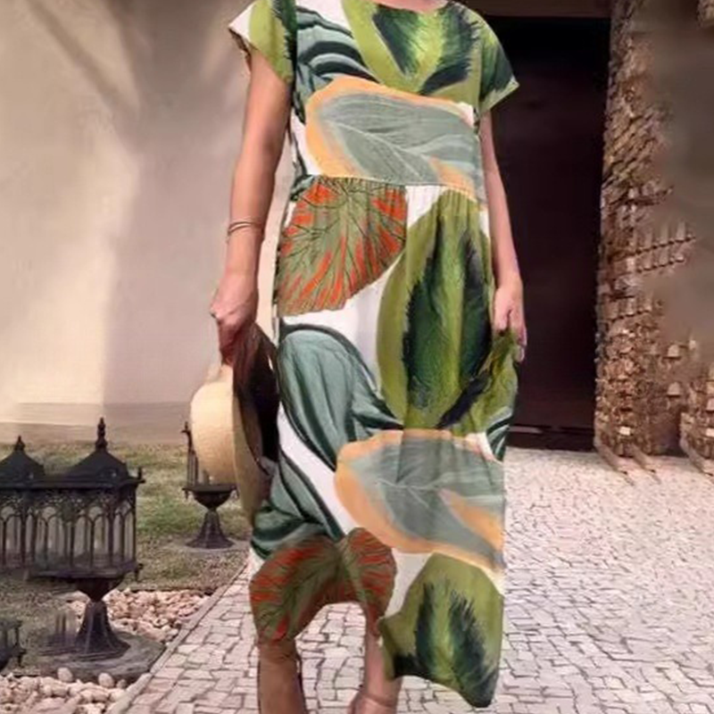 Leaf Print Round Neck Side Split Dress