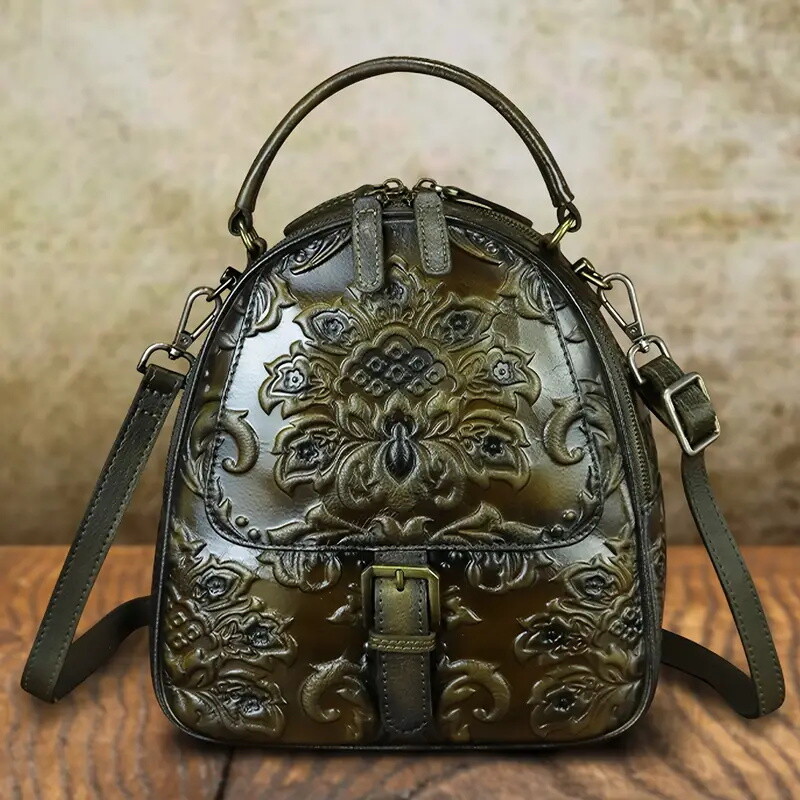Women'S Vintage Embossed Leather Crossbody Bag - Adjustable 2-Strap Shoulder Satchel with Zipper Closure, Floral Pattern, Brown Genuine Leather Backpack for Casual & Formal Occasions, Casual Accessory, Elegant Accessory, Durable Construction
